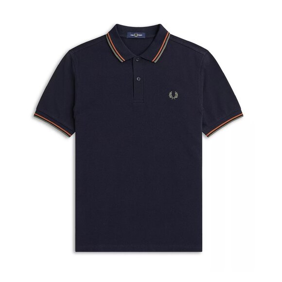 Fred Perry Men's Short Sleeve M3600 Twin Tipped Polo Shirt Navy/Nutflake/Green S - Picture 1 of 6